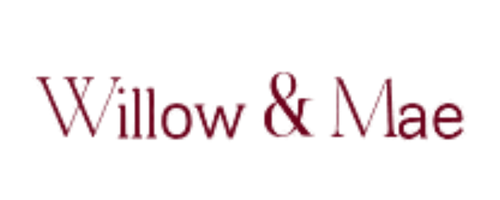 Willow & Mae logo in dark red text on a black background.