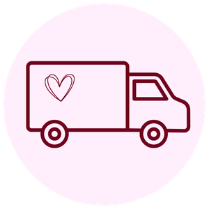 Line drawing of a moving truck with a heart symbol on the side, on a light purple circular background.