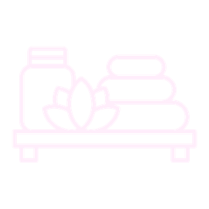 Line drawing of a spa or wellness setup with a bottle, stacked towels, and leaves on a bench