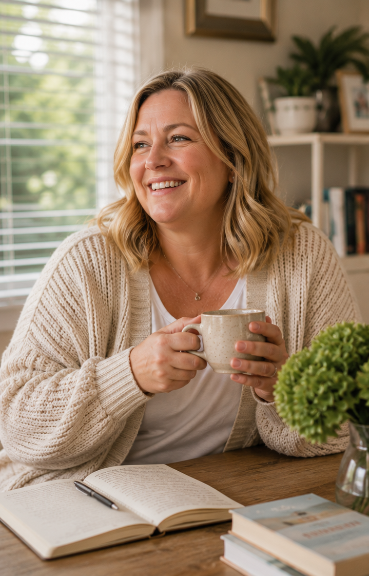 A woman with blonde hair wearing a cream cardigan holds a mug & smiles while sitting at a wooden table with open book, pen, & potted green plant, in a cozy room with sunlight through blinds.