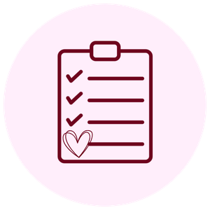Checklist on a clipboard with three checkmarks and a heart symbol at the bottom.