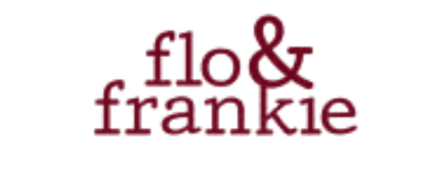 Text reading 'flo & frankie' in dark red font on a black background.