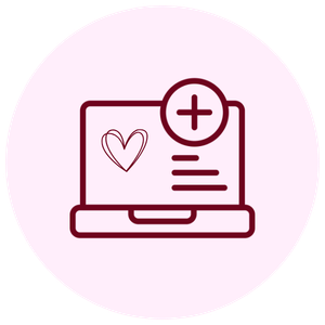 Line drawing of a laptop with a heart on the screen and a medical cross above it, indicating health or healthcare.