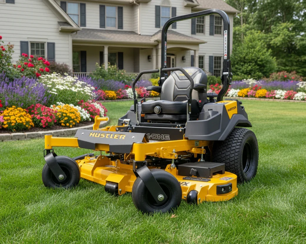 A yellow and gray Hustler zero-turn lawn mower on a well-maintained lawn in front of a house with a garden of colorful flowers.