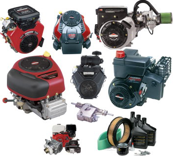 A collection of various small engines and mechanical parts for outdoor equipment, including engine units, a carburetor, and other engine components.