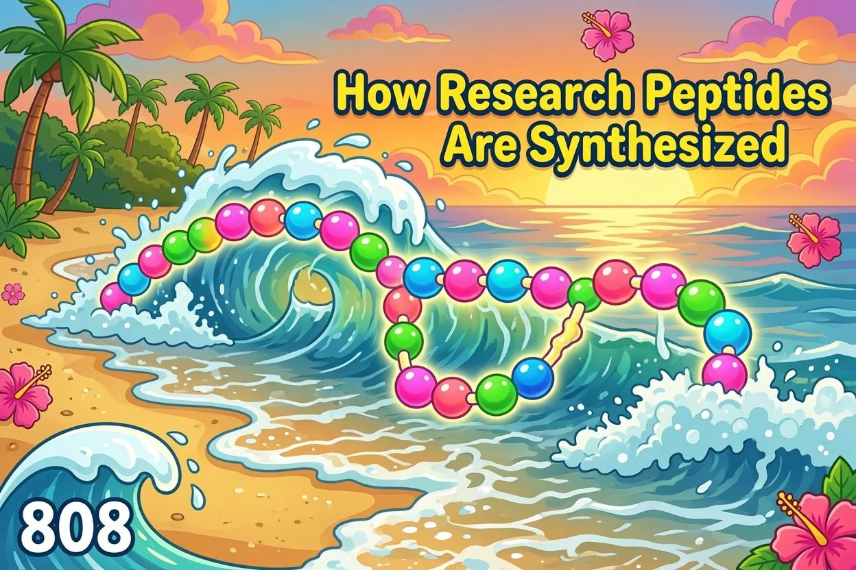 Colorful bead necklace floating on a beach with waves, palm trees, pink flowers, and a sunset sky in the background, with the text 'How Research Peptides Are Synthesized'.