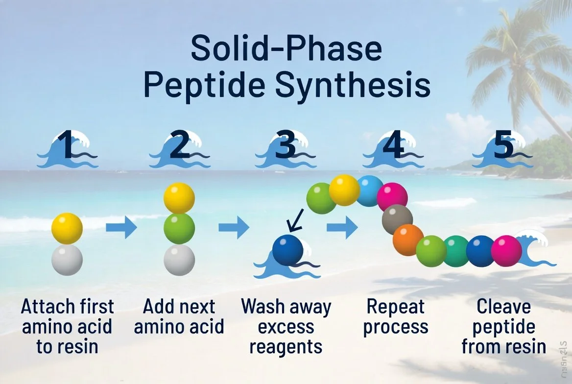 Illustration showing the steps of solid-phase peptide synthesis: attaching first amino acid to resin, adding next amino acid, washing away excess reagents, repeating process, then cleaving peptide from resin, with colorful beads representing amino acids and a background of a beach scene with palm trees.