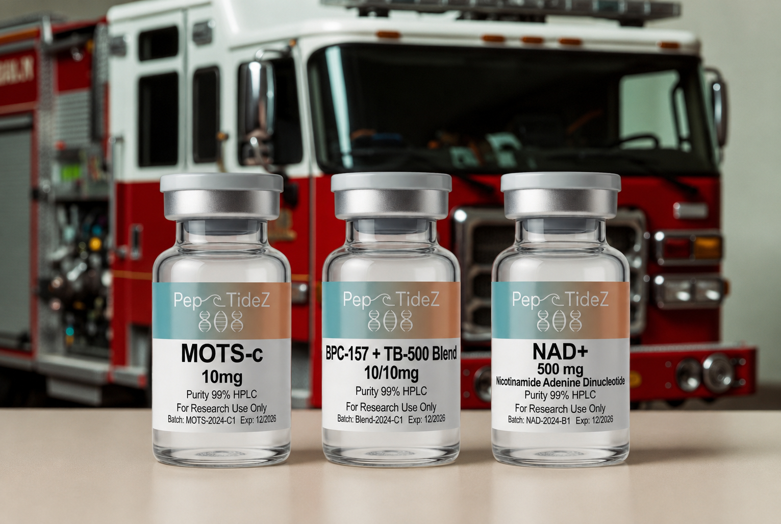 Three small glass bottles with research chemical labels placed in front of a red fire truck.