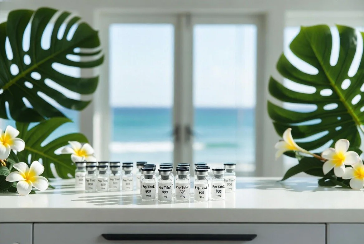 Multiple small vials labeled as Pep Tidez 808 on white surface with tropical leaves and white flowers, with a window showing the ocean in the background.