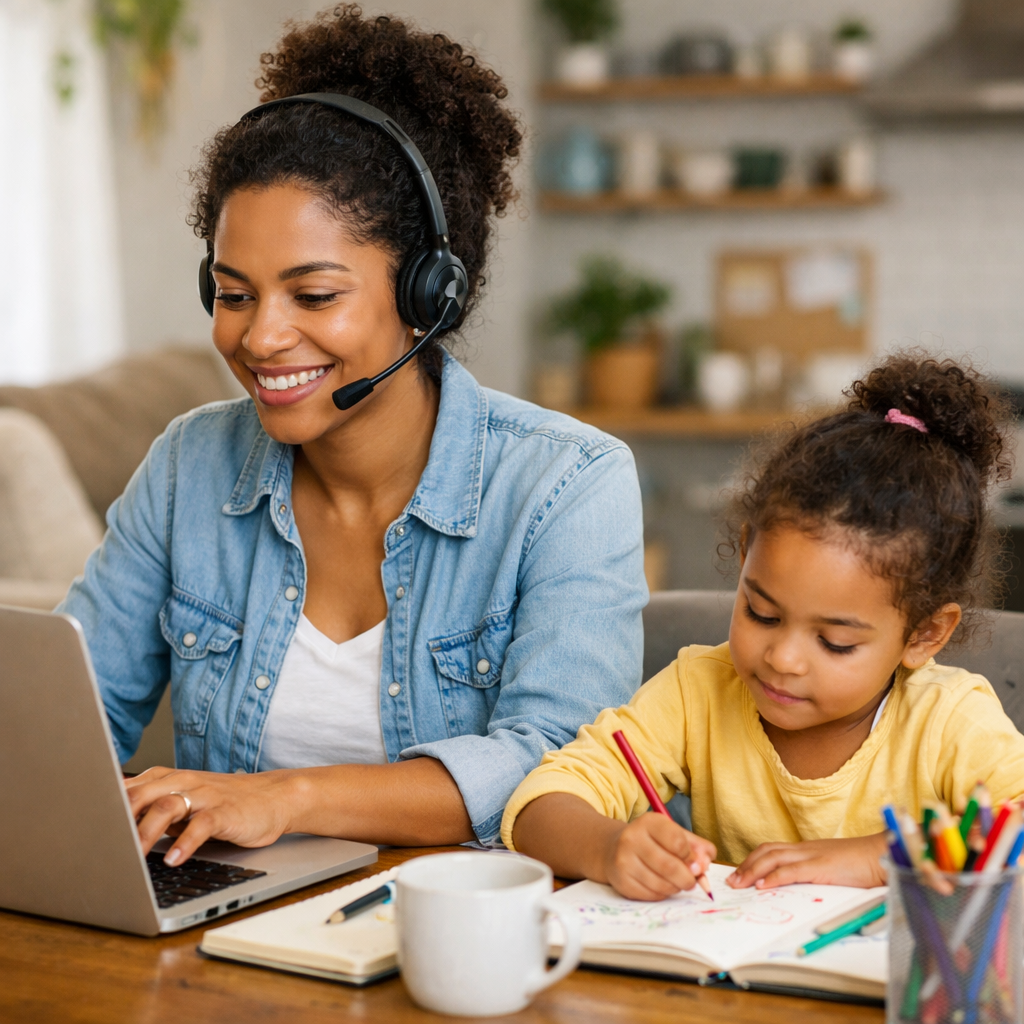 A woman with headphones and a young girl are sitting at a table, engaging in online communication. The woman is smiling at her laptop, while the girl is drawing with colored pencils on a notebook.