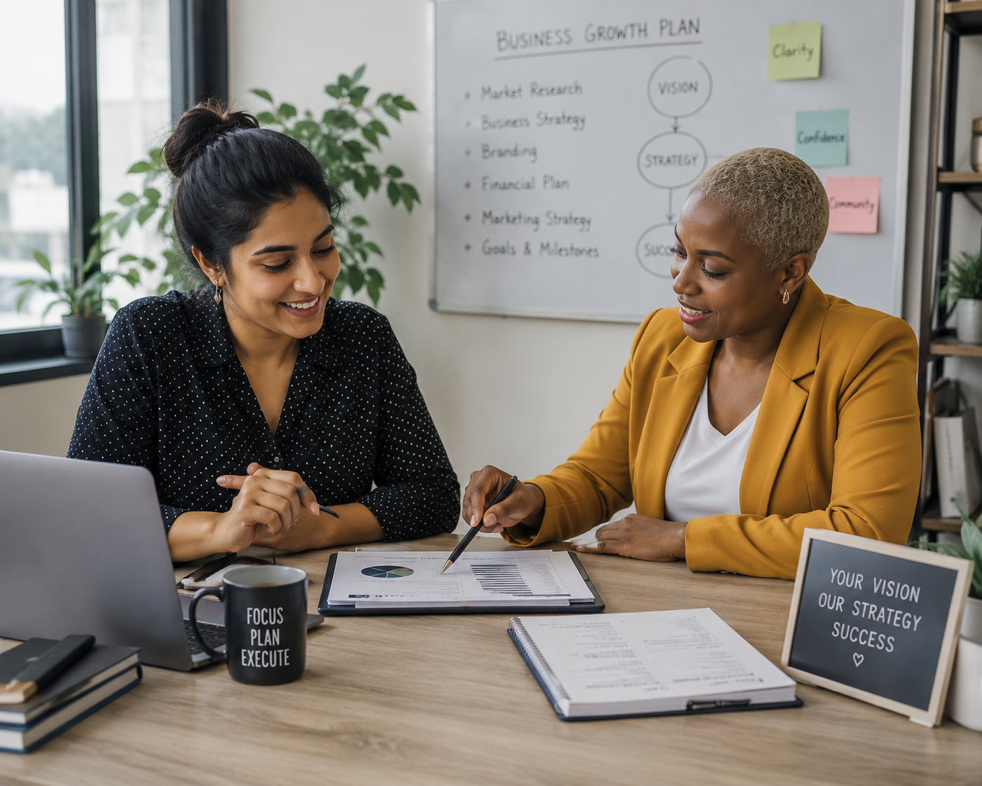 Two women discussing business strategies at a desk with documents and a laptop, smiling and pointing at a document, with a whiteboard behind them titled 'Business Growth Plan'.