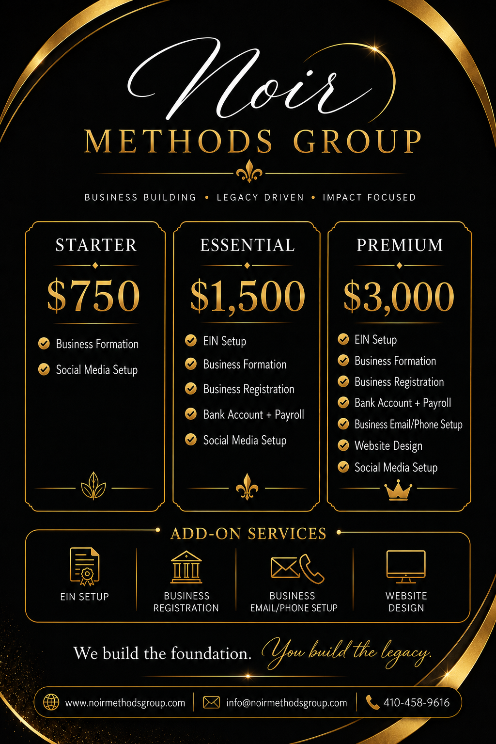 Pricing plans for Noir Methods Group displayed in black and gold, including Starter, Essential, and Premium options with listed features and prices.