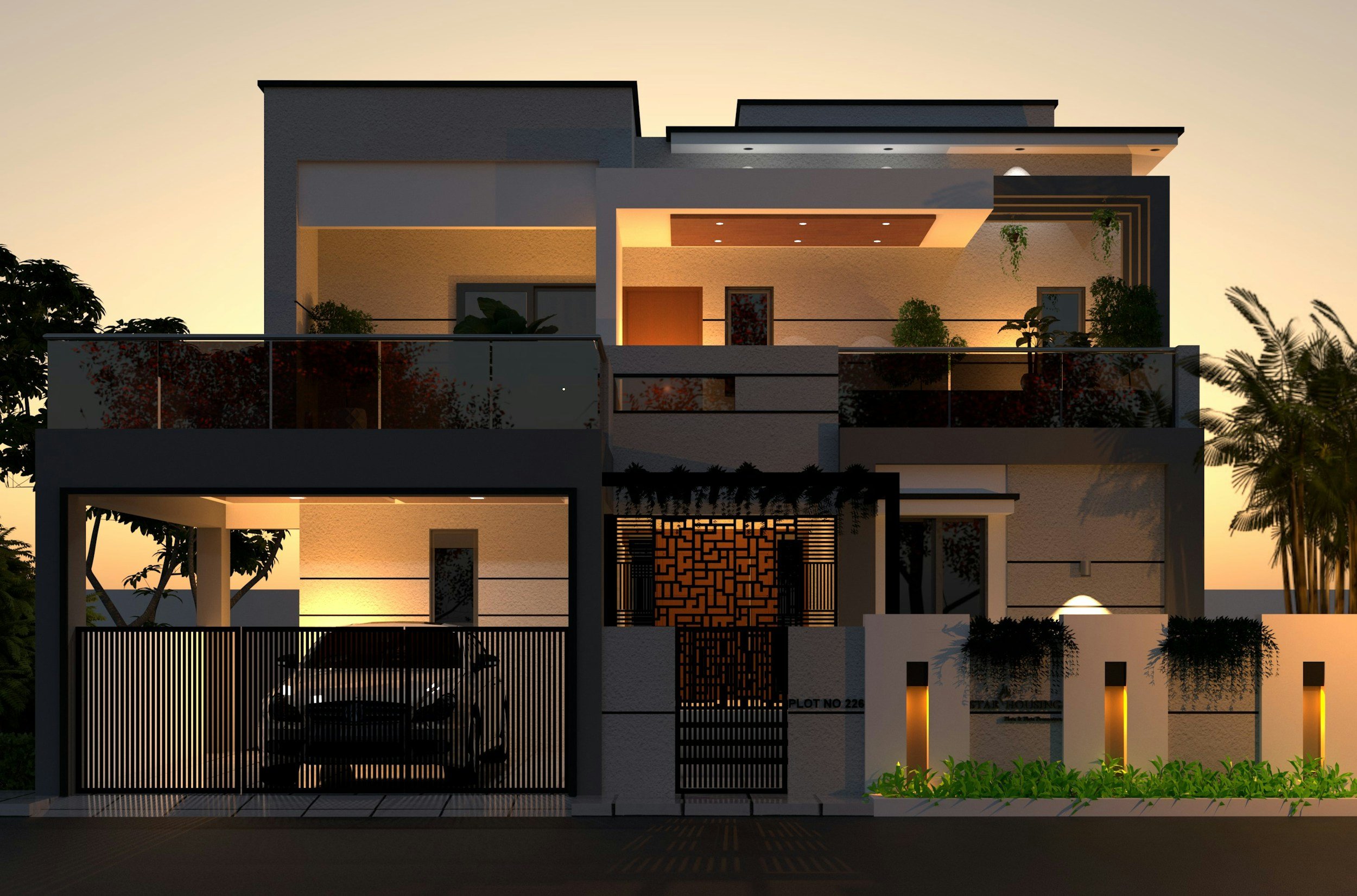 Modern multi-story house during sunset with illuminated interior, private gate, balcony with plants, and decorative exterior elements.