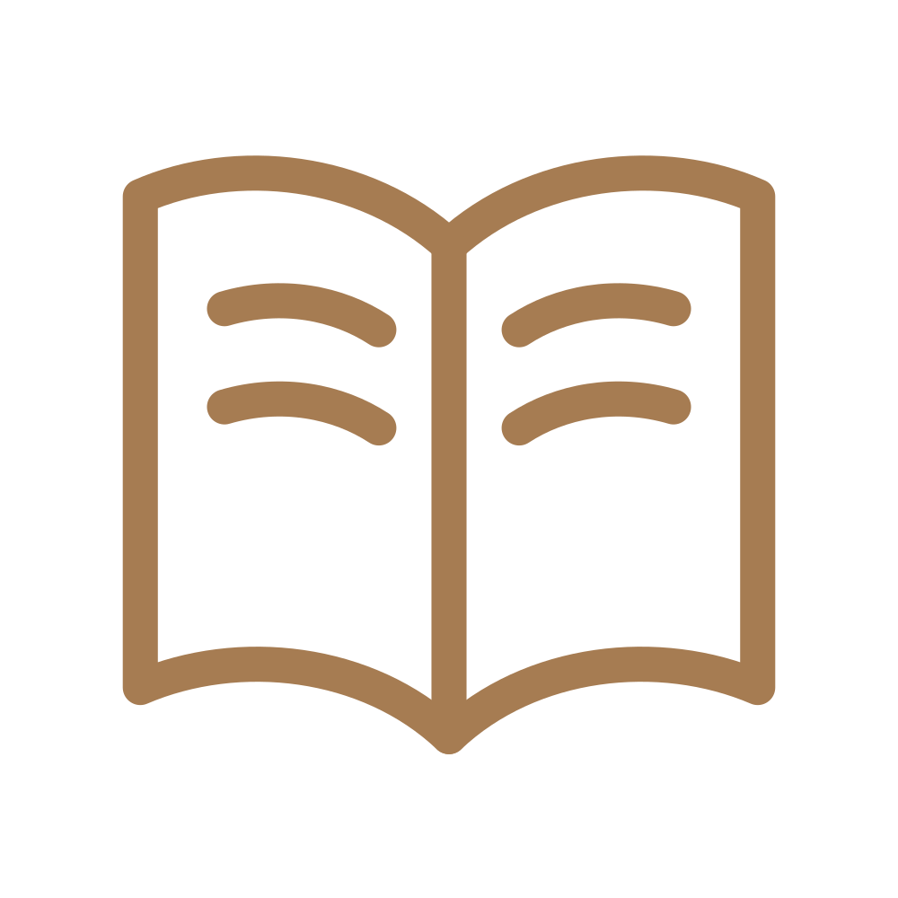 Outline of an open book icon in brown color.