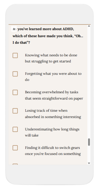 Screenshot of a digital checklist about ADHD symptoms, with five items and checkboxes.