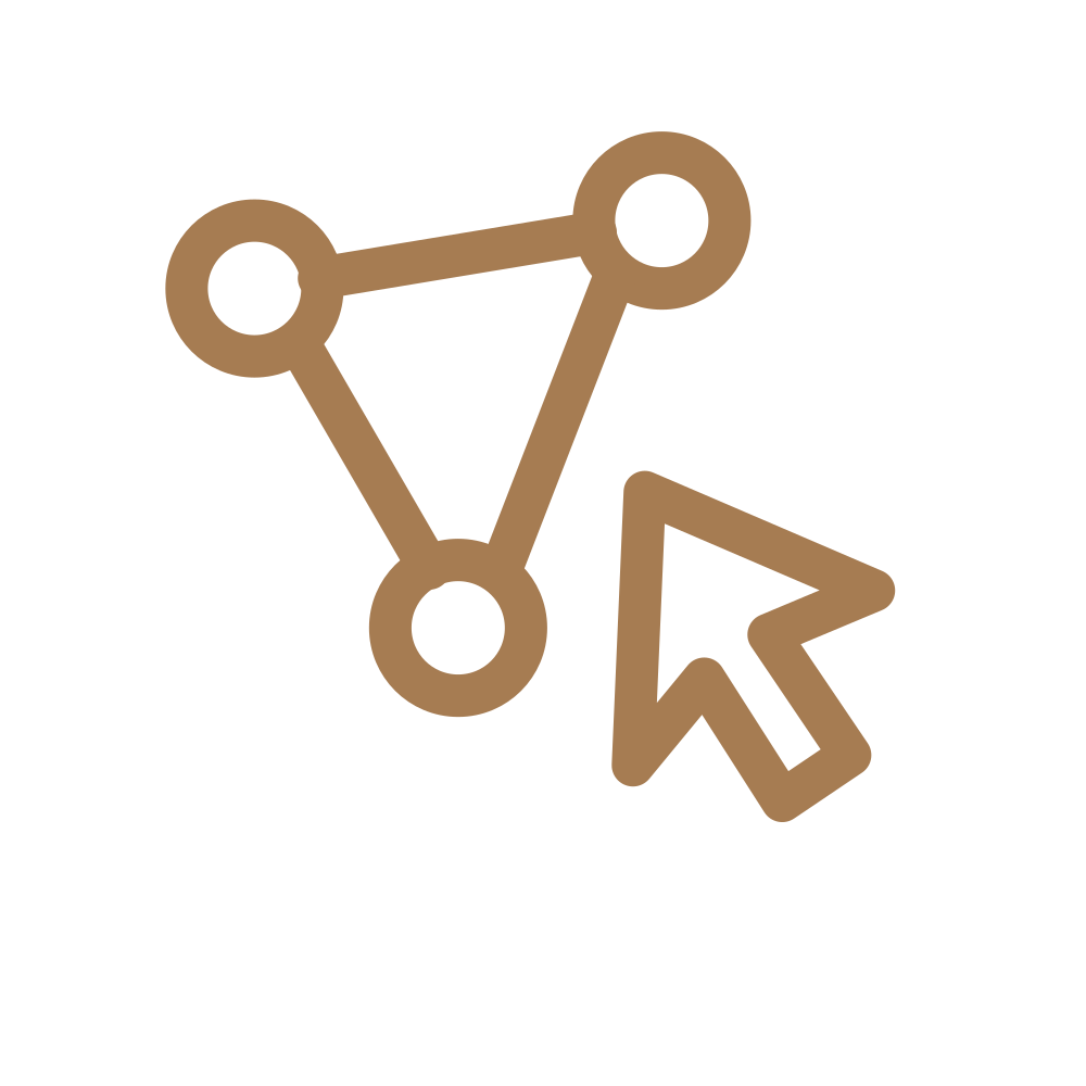 A brown line drawing of a network node with three connected circles and an arrow-shaped cursor pointing to it.