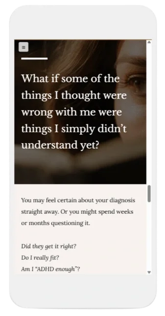 A smartphone displaying a screen with text about self-reflection and mental health, including questions about diagnosis and ADHD.