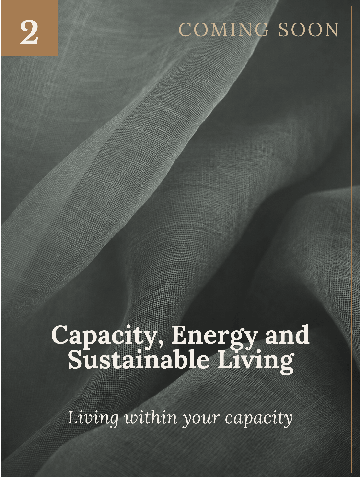 Book cover titled 'Capacity, Energy and Sustainable Living' with a textured fabric background in shades of gray and beige, and text indicating 'Coming Soon' and 'Living within your capacity.'