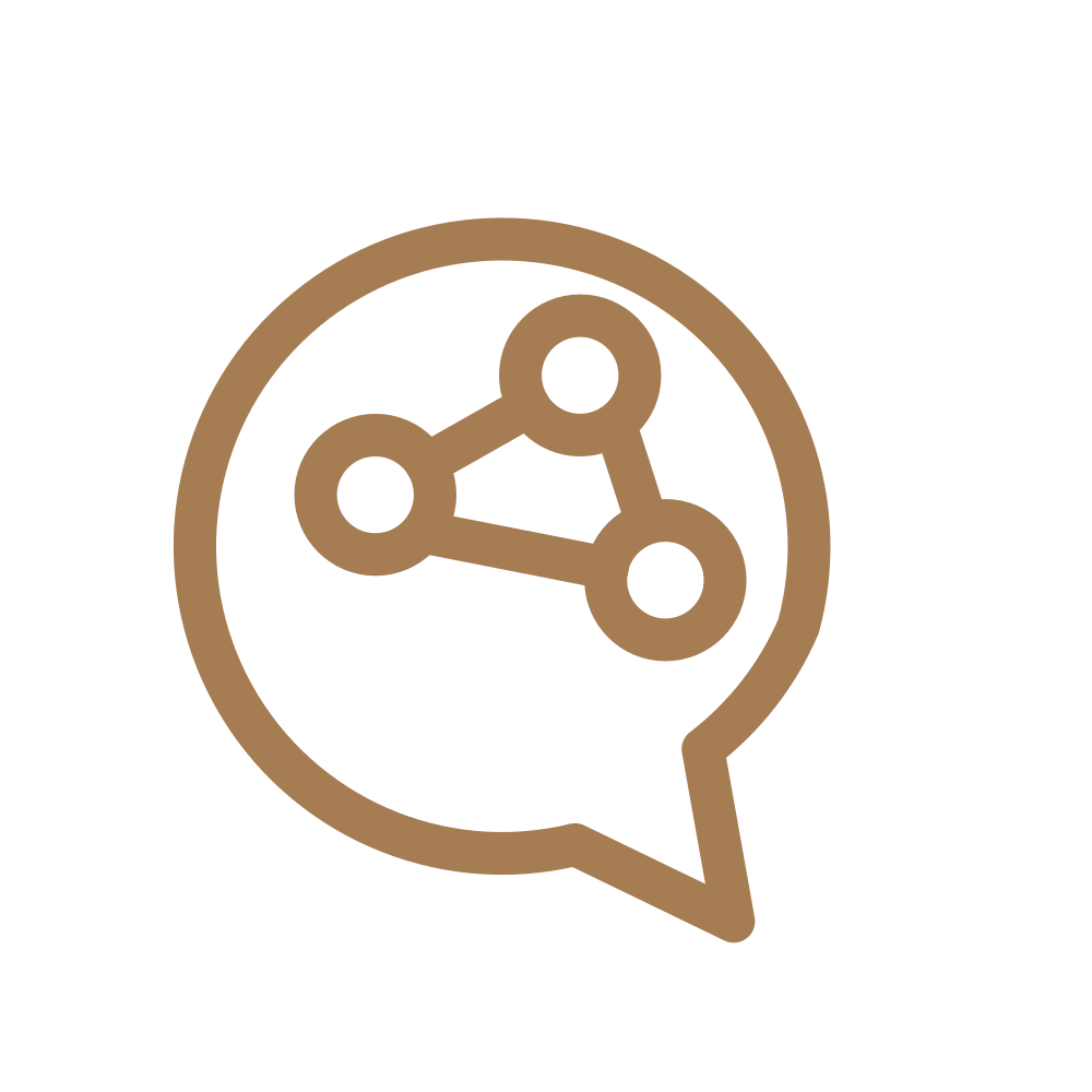 A brown chat bubble with a network or connection icon inside.