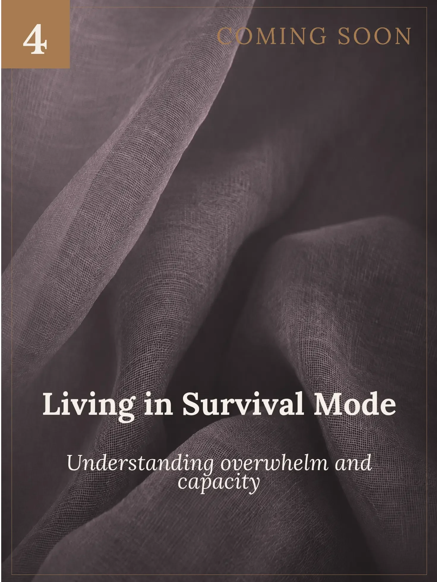 Book cover with a close-up image of textured fabric or mesh in shades of purple and brown, with text reading 'COMING SOON' and 'Living in Survival Mode'.