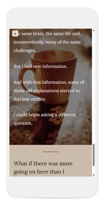 A smartphone displaying a text conversation or article with a background image of a coffee cup on a saucer, placed on a table with sunlight shining on it.