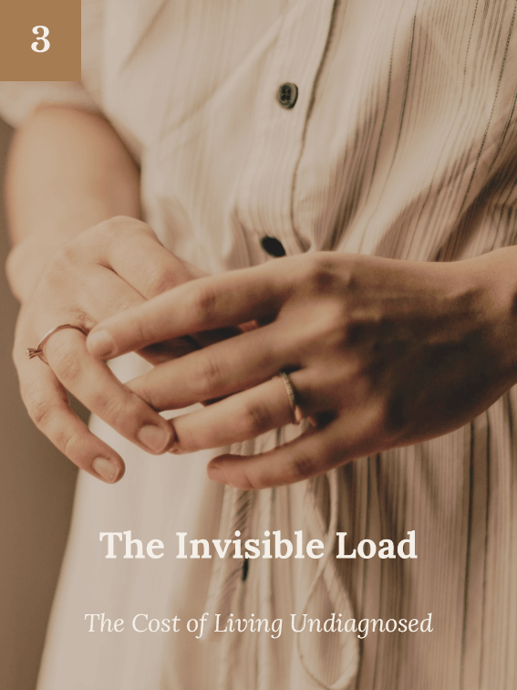 Close-up of a person with their hands interconnected, wearing rings, with a beige, striped shirt in the background. Text overlay says "The Invisible Load" and "The Cost of Living Undiagnosed."