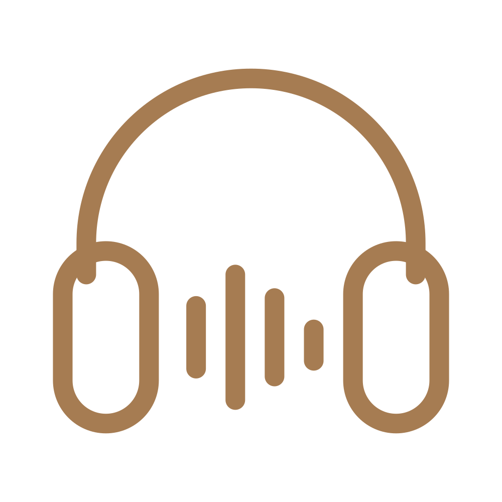 Outline of a pair of headphones with a sound wave pattern in the middle, in brown color on a black background.