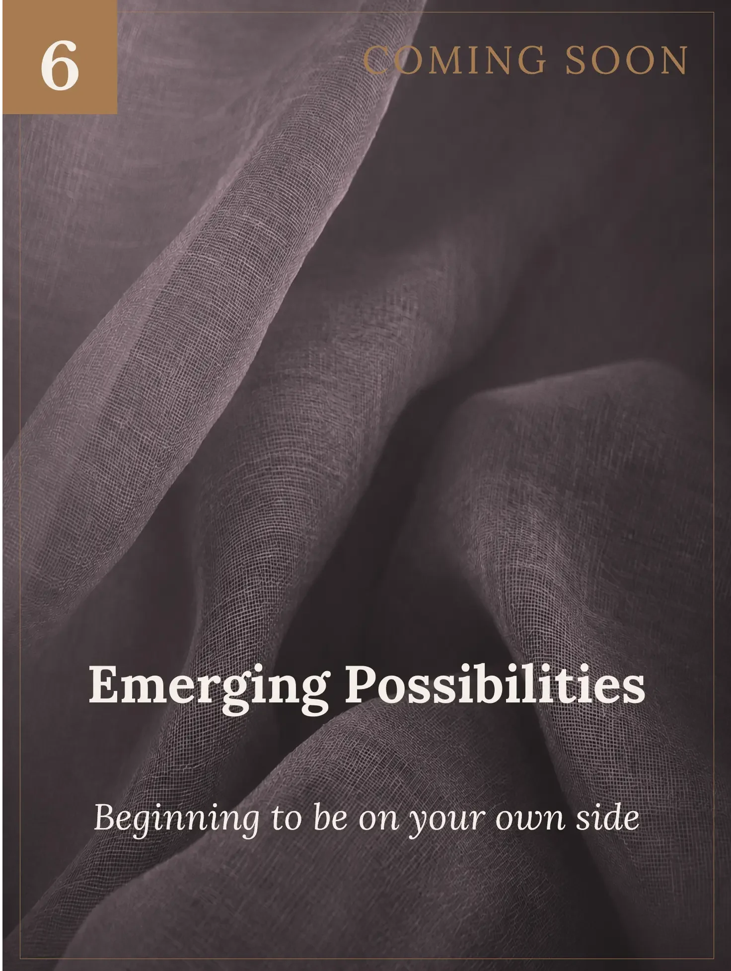 A textured fabric with text overlay that reads "Emerging Possibilities" and "Beginning to be on your own side". Small text on the top left reads "6" and "Coming Soon".