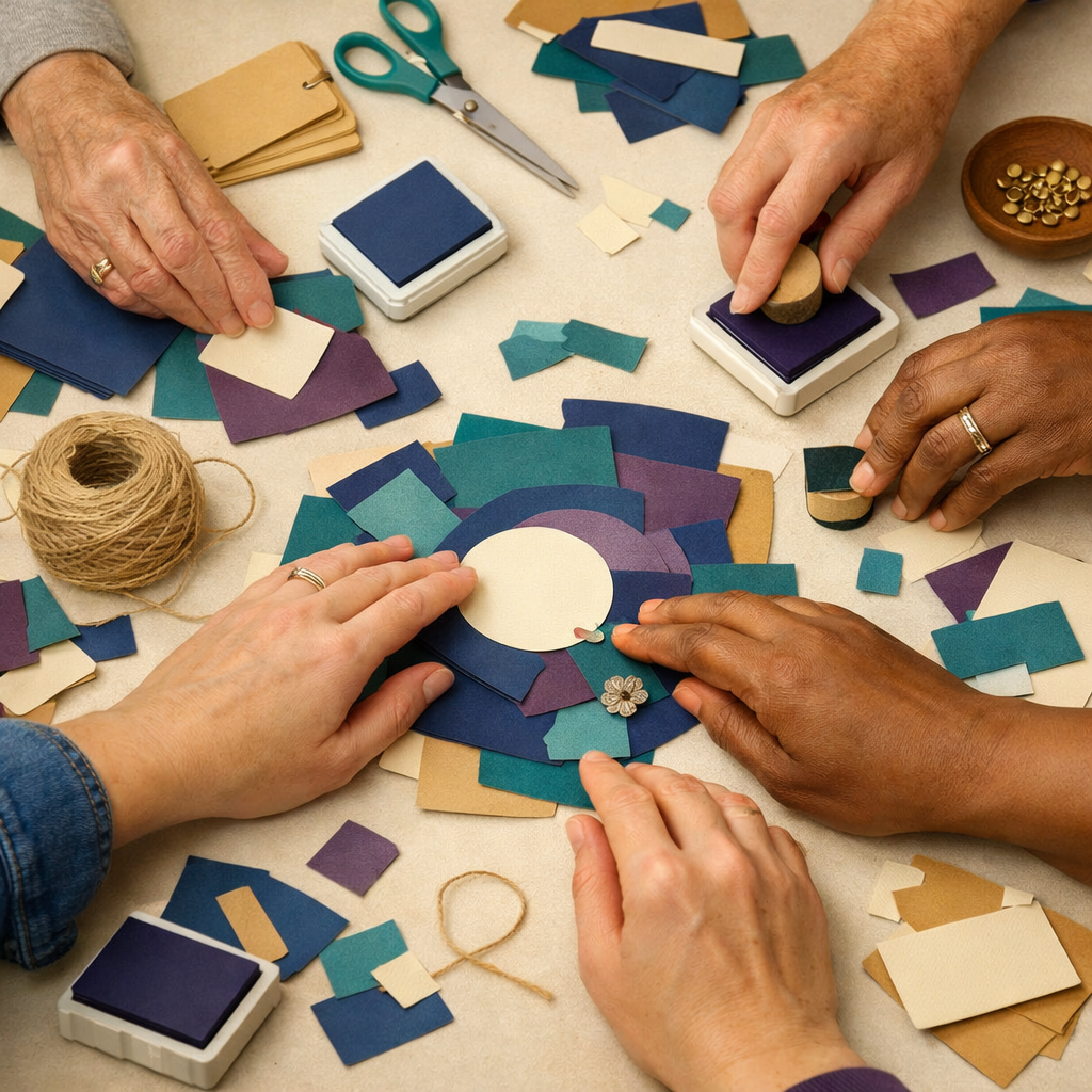 diverse hands working with paper at a craft table.  Tools like stamp pads and scissors are available for use.