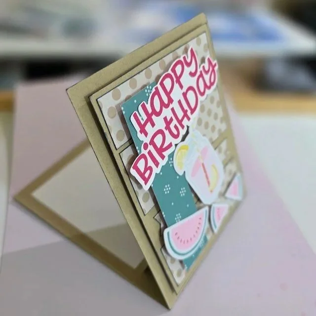 Happy Birthday Card with lemonade and watermelon slices standing upright