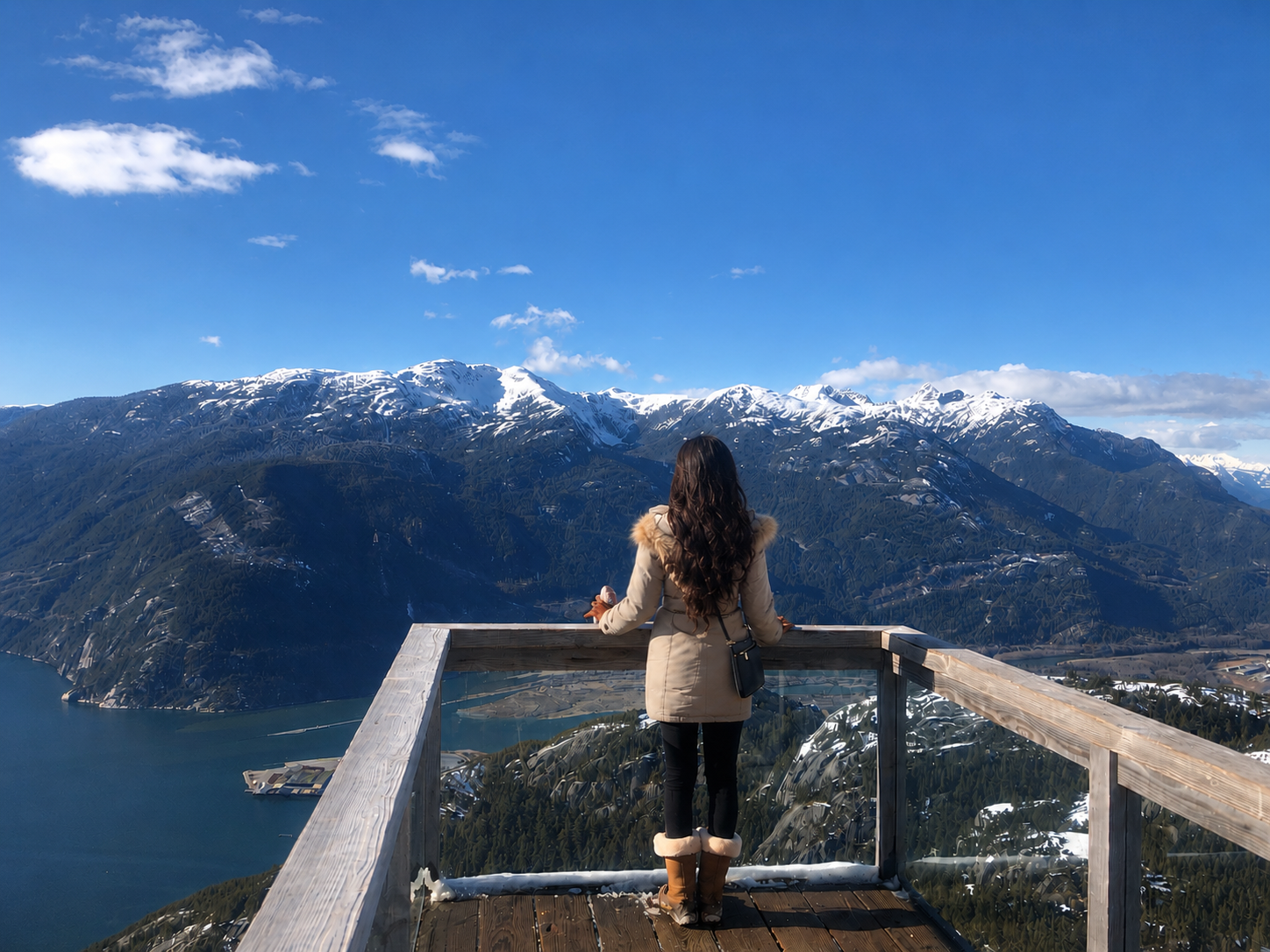 Woman with long dark hair wearing a beige coat and brown boots, standing on an observation deck overlooking snow-capped mountains and a lake under a blue sky with clouds.