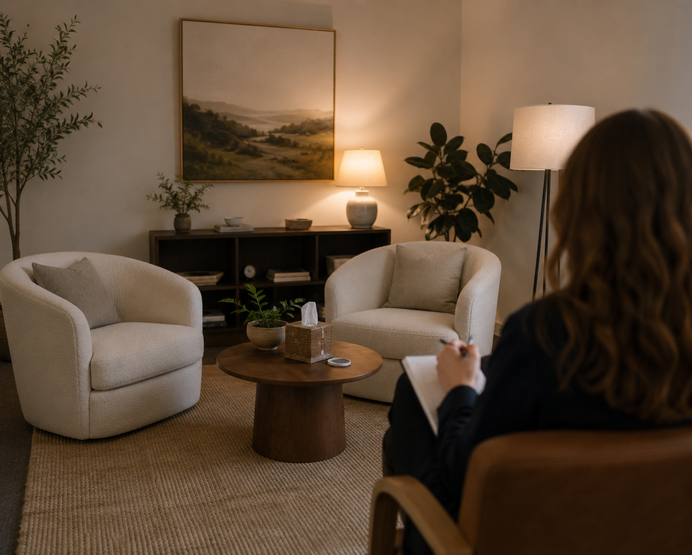 A cozy, well-lit therapist's or counselor's office with two cream-colored armchairs, a matching loveseat, a round wooden coffee table, and various plants and artwork on the walls.