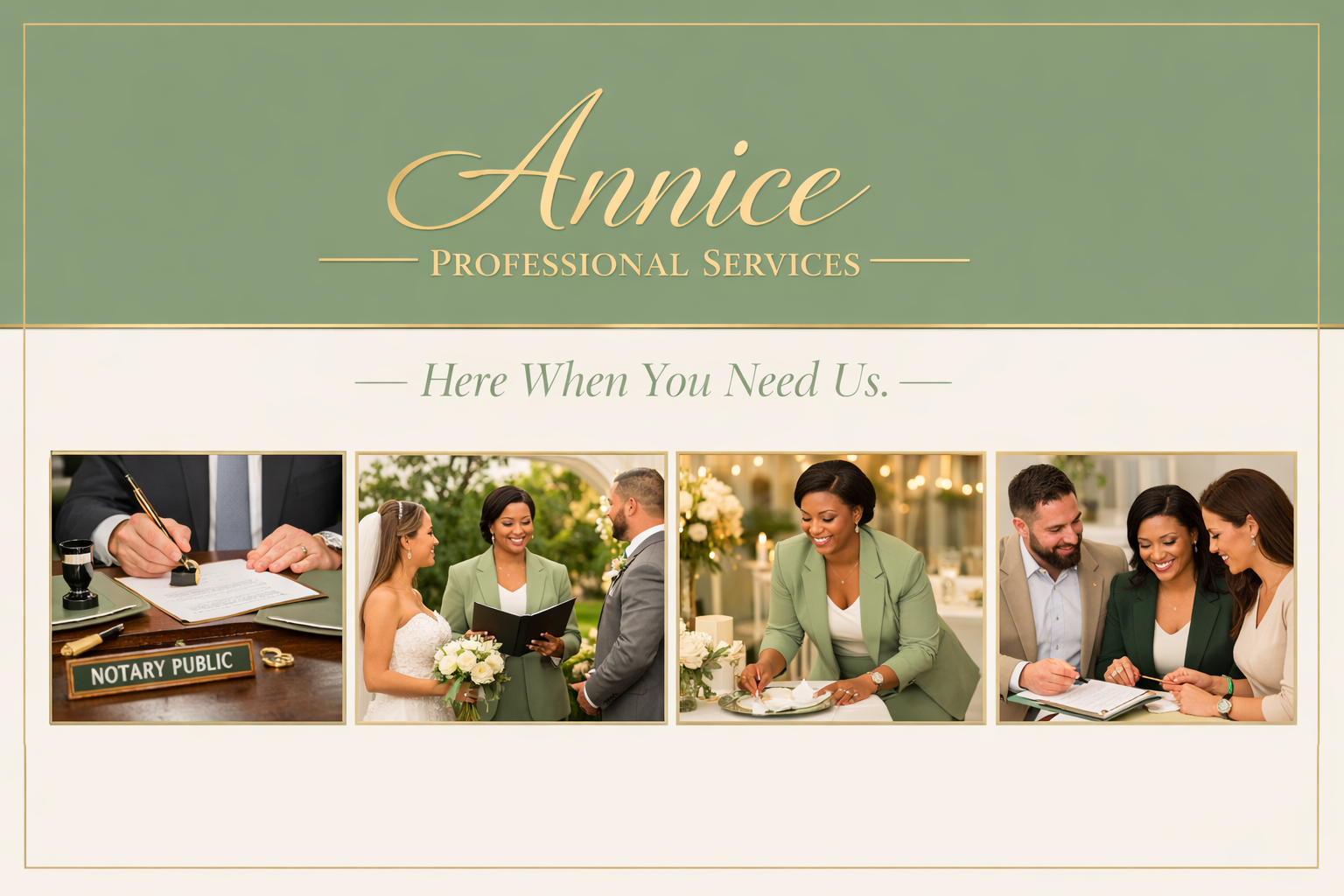 A business card with the name Annice, labeled 'Professional Services,' and four images—of a notary signing a document, a wedding ceremony with a couple and a woman officiant, a woman dressed for a celebration, and a woman and two others reviewing documents in a professional setting.