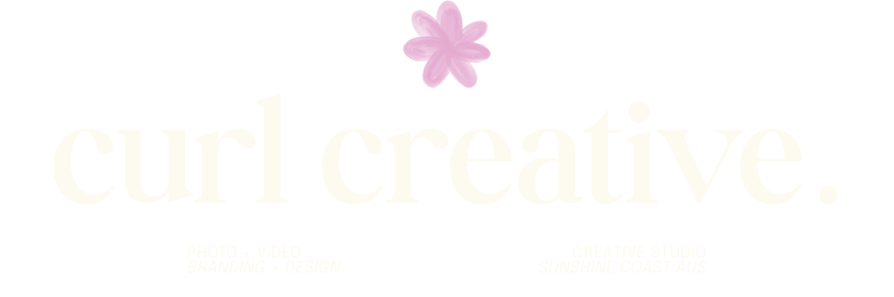 Logo for 'curl creative' featuring a pink flower above the text, with additional text about photo, video, branding, design, and creative studio located on Sunshine Coast, Australia.