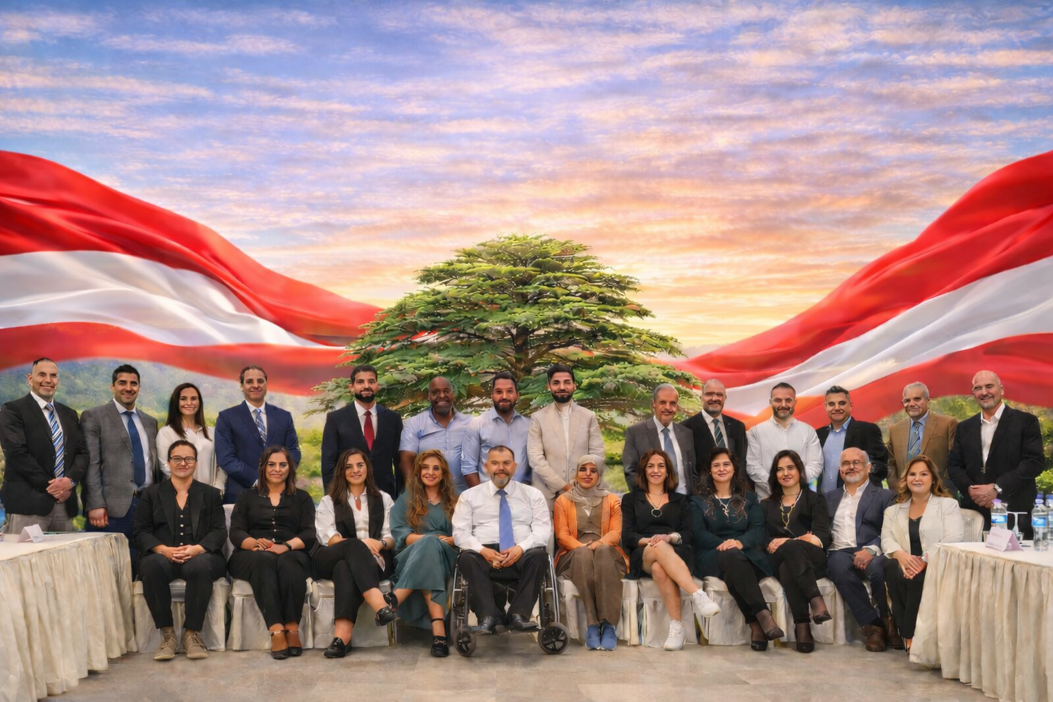 Group of people posing for a photo outdoors with a large tree, set against a backdrop of a sunset sky with the Indonesian flag in the background.