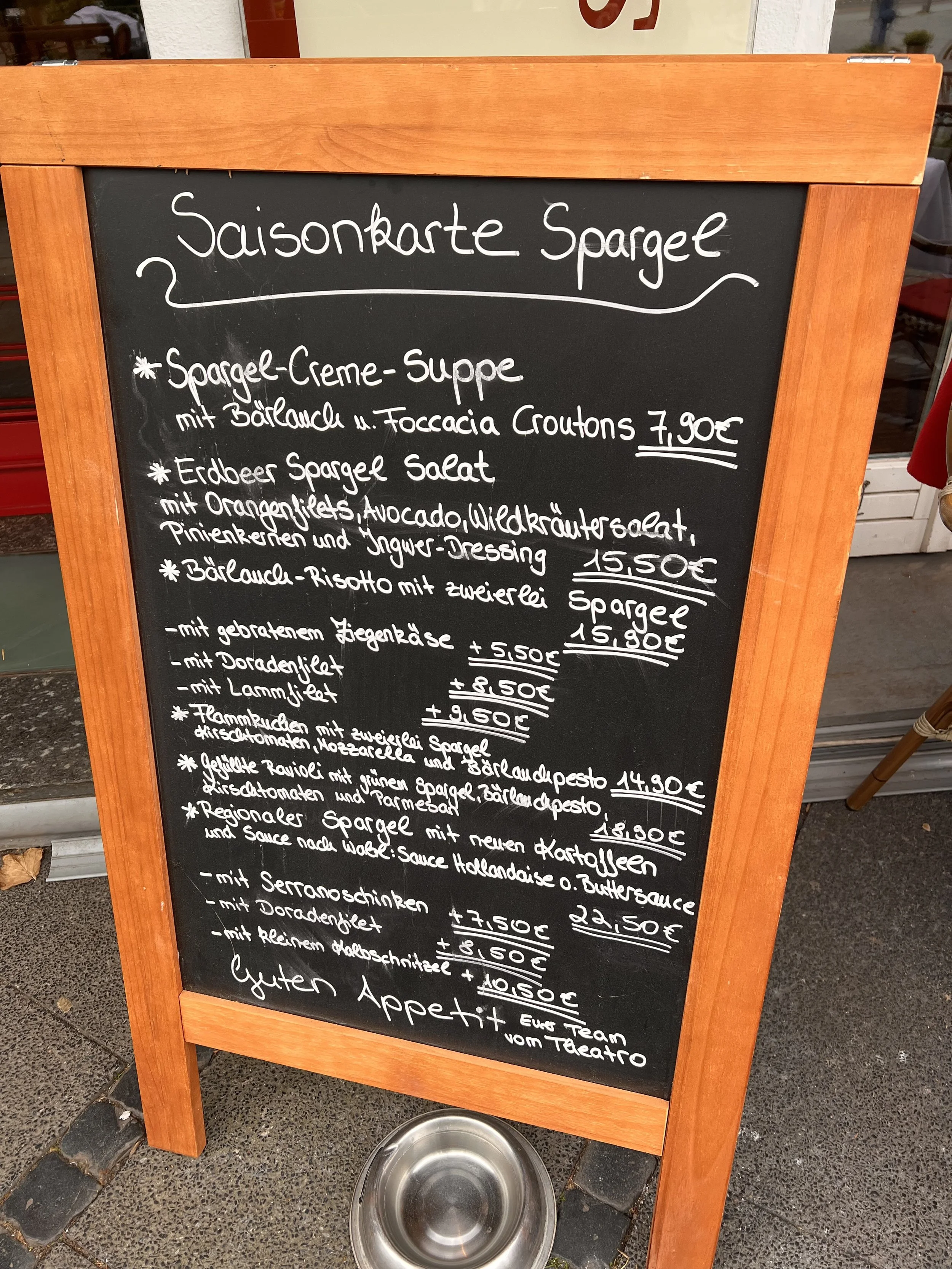 Restaurant menu featuring numerous seasonal white asparagus (Spargel) dishes, highlighting Germany’s traditional Spargel season with a variety of preparations and accompaniments.