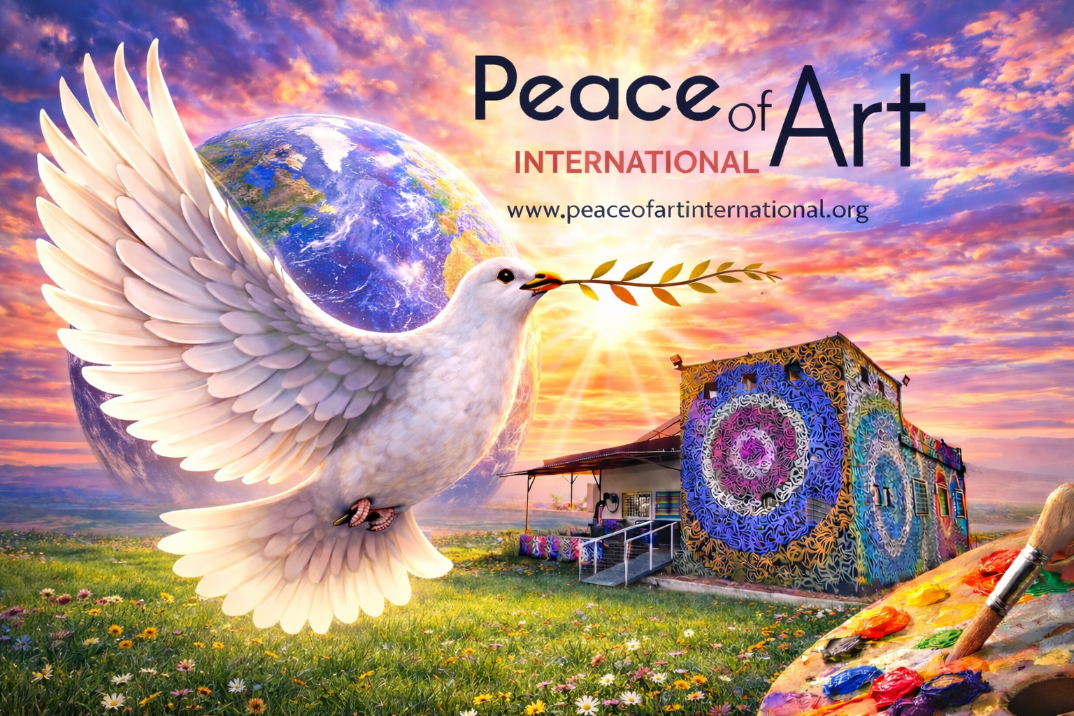 A colorful artistic scene with a dove holding an olive branch flying in front of a globe and a vibrant building with intricate patterns. The sky is filled with sunset clouds, and there is a palette with paint and brushes in the foreground. Text reads 'Peace of Art International' and provides a website URL.