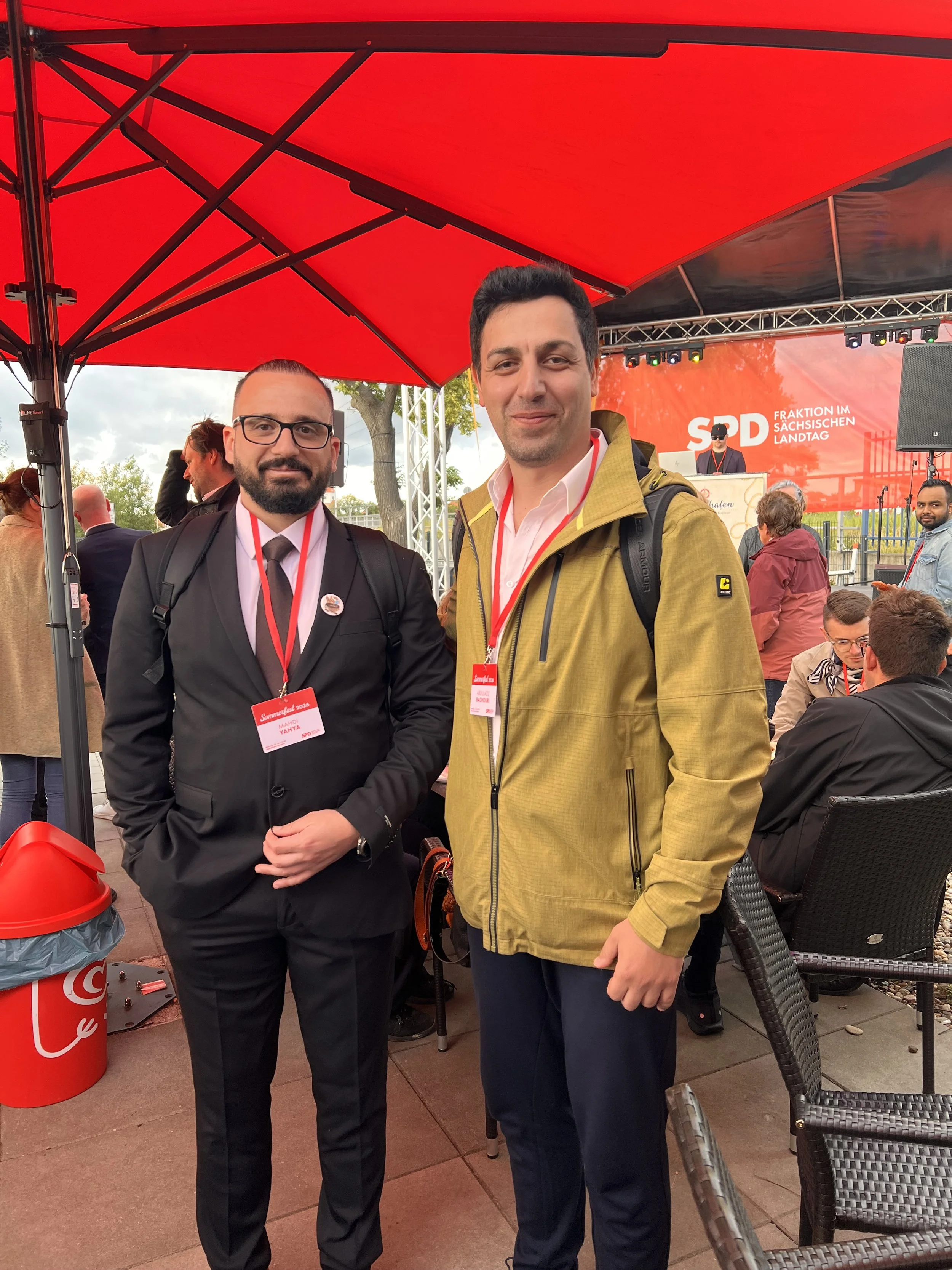 Mahdi Yahya and Aziz Bachouri participate in discussions with political leaders, civil society representatives, and community stakeholders during the SPD Sachsen Summer Festival 2026 in Dresden.