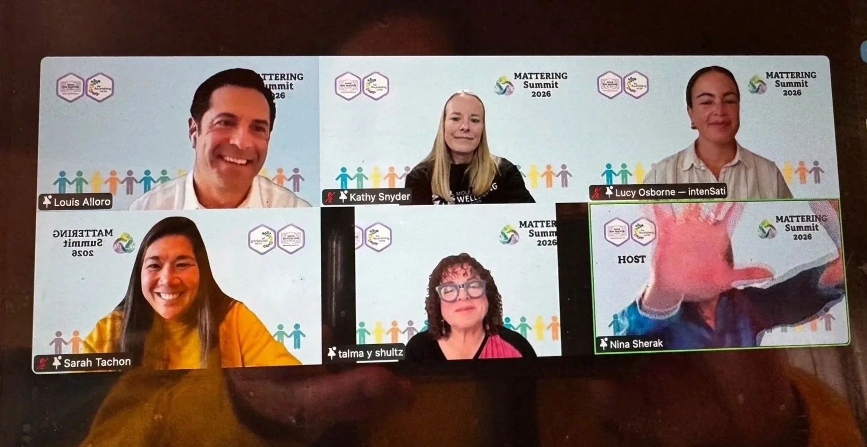 Screenshot of a virtual conference with six participants, five are visible with names and one is partially visible. The background features the 'Mattering Summit 2026' logo and colorful human icons.