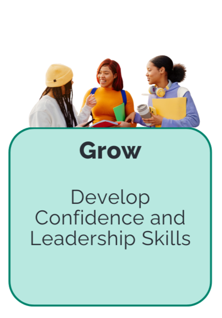 Three diverse students engaged in conversation, holding books and notebooks, with a sign that reads 'Grow: Develop Confidence and Leadership Skills' behind them.