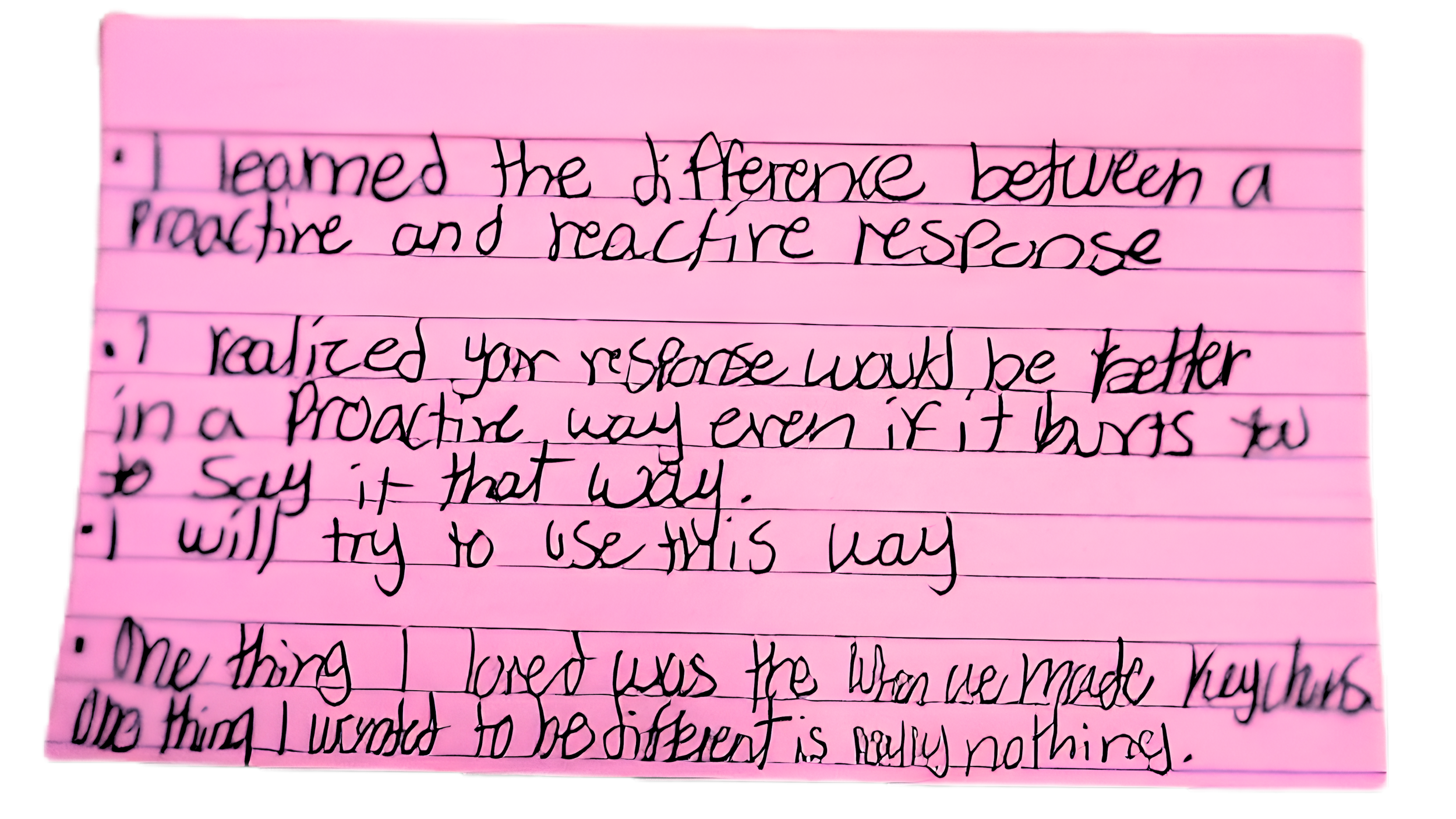 Pink sheet with handwritten notes outlining differences between a machine and teach response, including points about realization and usage.