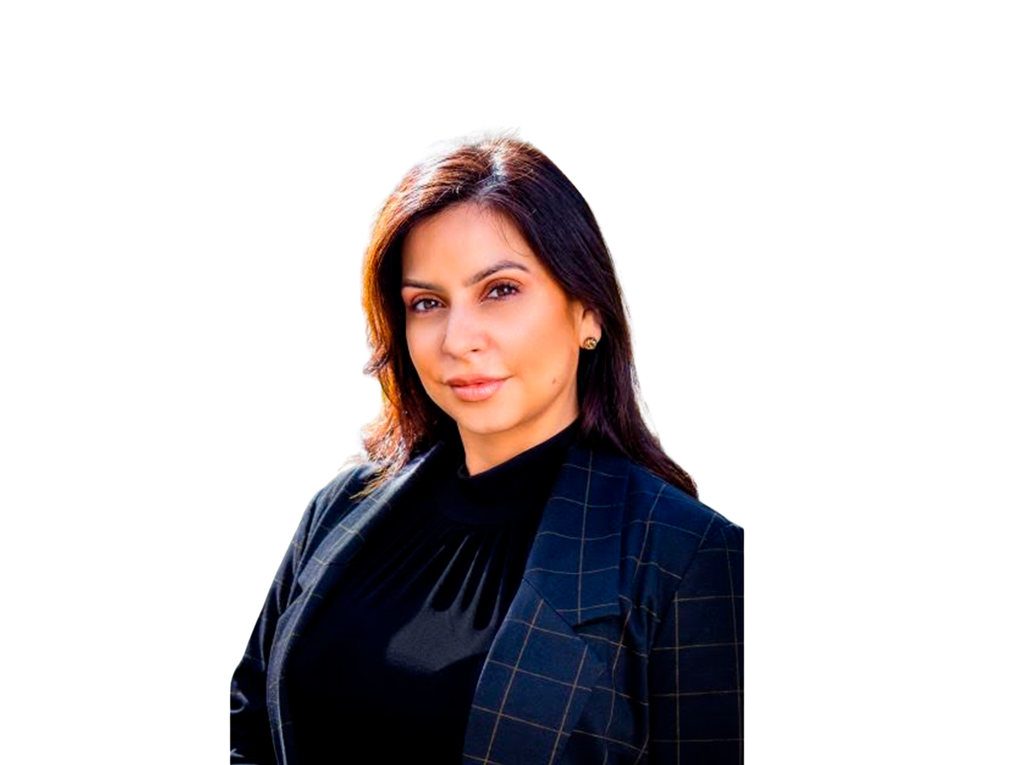 Portrait of a woman with long dark hair wearing a dark plaid blazer.