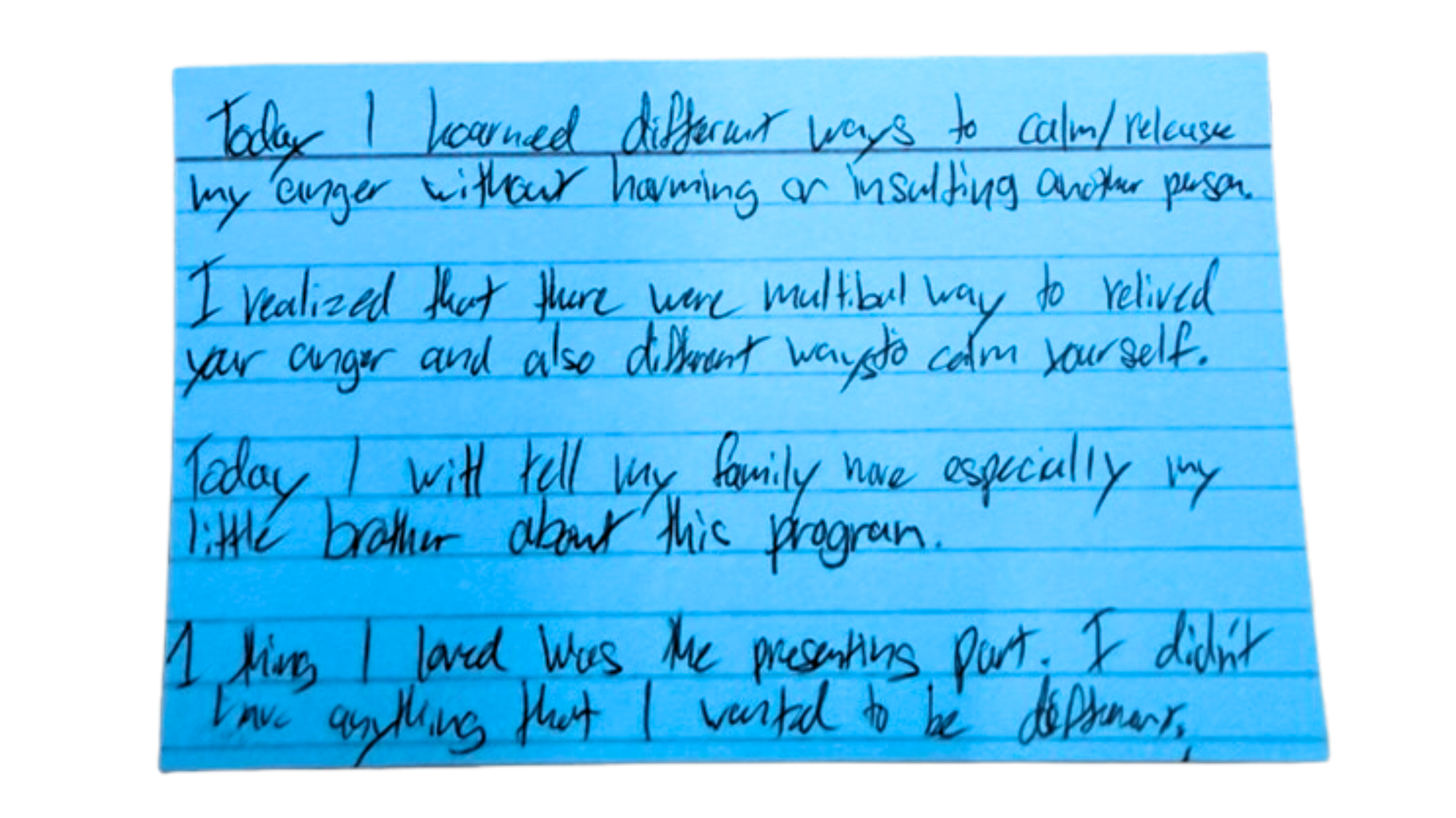Handwritten notes on lined paper discussing managing anger and calming techniques.