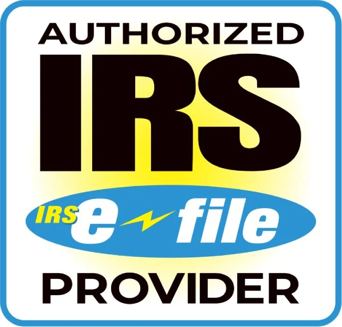 Authorized IRS e-file provider sign with bold text and yellow, blue, and white design elements.