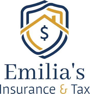 Logo for Emilia's Insurance & Tax featuring a shield with a house and dollar sign.