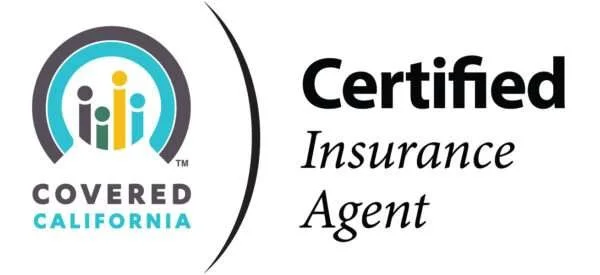 Logo for a certified insurance agent from Covered California, featuring three stylized human figures in a circle with the words "Covered California" underneath and "Certified Insurance Agent" beside it.