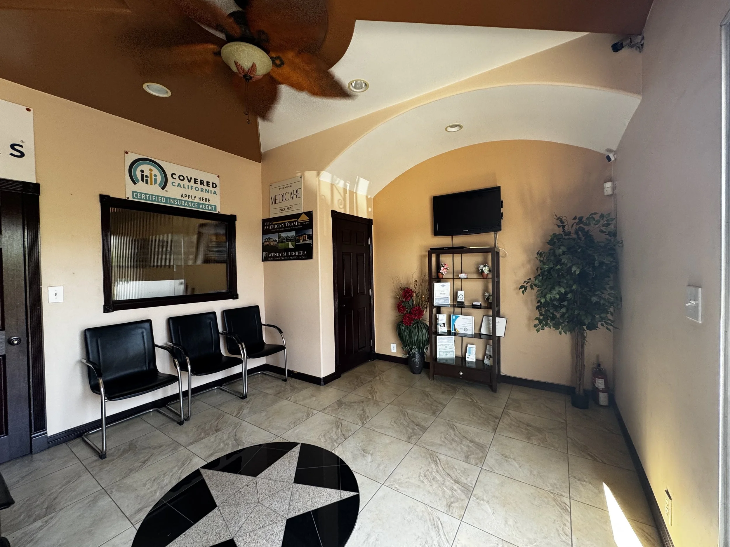 A waiting area with four black chairs, a wooden shelf with plants and brochures, a television, and a large potted plant, in a room with beige walls and a tiled floor.