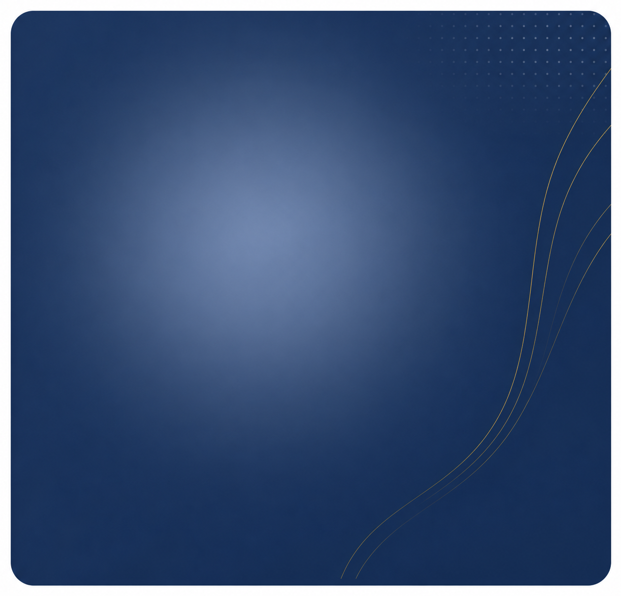 A digital graphic with a dark blue gradient background, dotted pattern in the upper right corner, and gold curved lines on the lower right side.