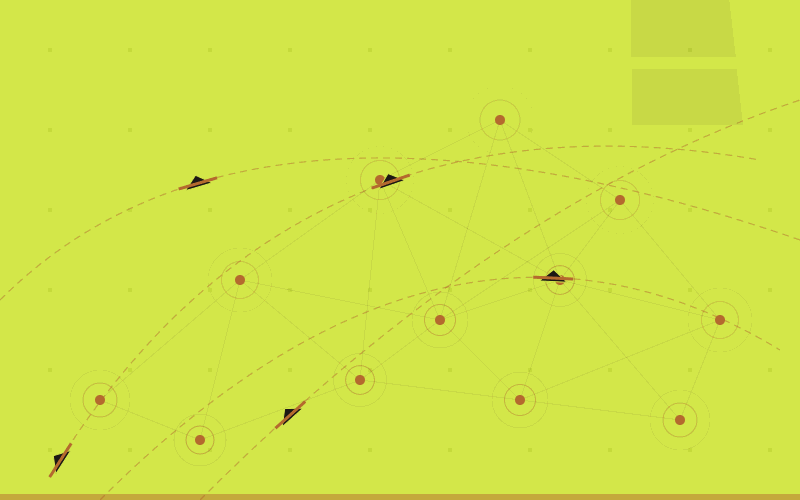 A diagram with multiple interconnected circles and lines on a yellow background, with several black and brown symbols resembling arrows or fly planes.