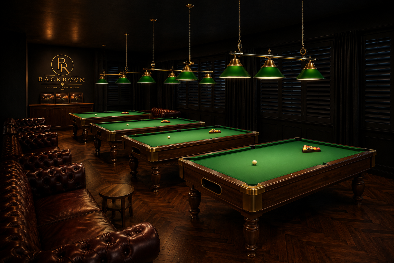 Illustration of walnut UK pool tables with green billiard lamps